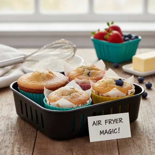 A perfectly baked small cake and golden-brown muffins in silicone cups inside an air fryer basket, surrounded by fresh ingredients like berries and flour, showcasing successful air fryer baking.