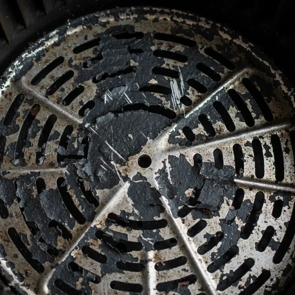 An air fryer basket showing a peeling non-stick coating due to common usage mistakes, illustrating damage and wear.