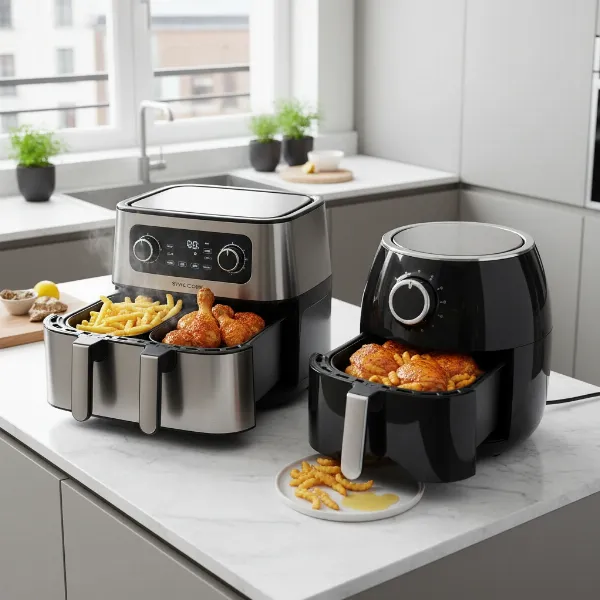 A dual-basket air fryer (left) and a single-basket air fryer (right) on a kitchen counter with various cooked foods like fries and chicken.