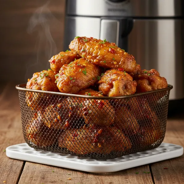 Crispy golden chicken wings in an air fryer basket, ready to be served, emphasizing perfectly cooked results.