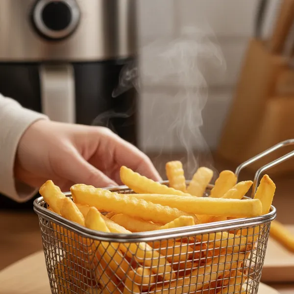 Crispy golden French fries being removed from an air fryer basket, symbolizing perfect results from preheating.