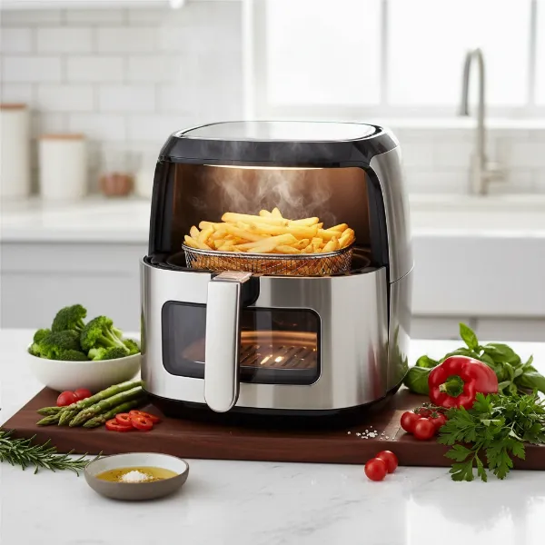 An air fryer in action, cooking crispy french fries in a modern kitchen setting, with healthy ingredients nearby.