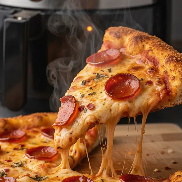 A sliced pizza with crispy crust inside an air fryer basket with melted cheese and pepperoni. 