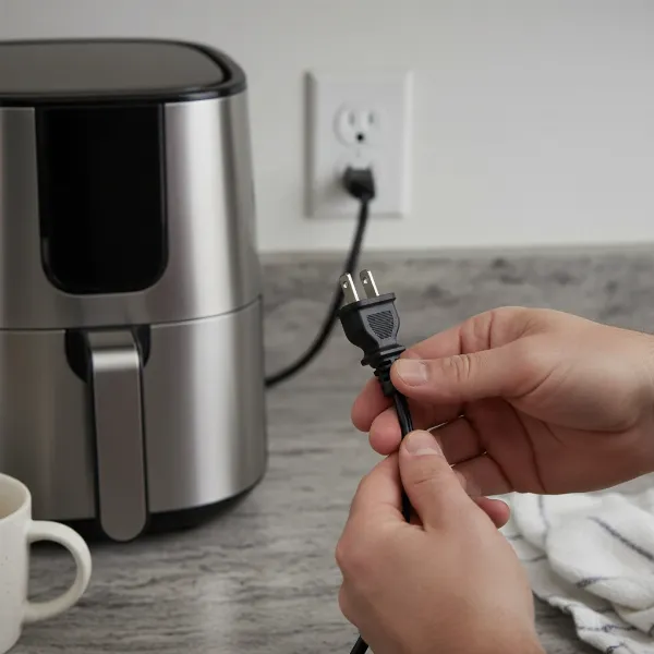 A person troubleshooting an air fryer by checking its power cord and outlet connection.