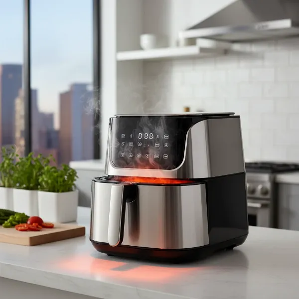 An air fryer basket glowing with heat in a modern kitchen, ready for food, emphasizing preheating.