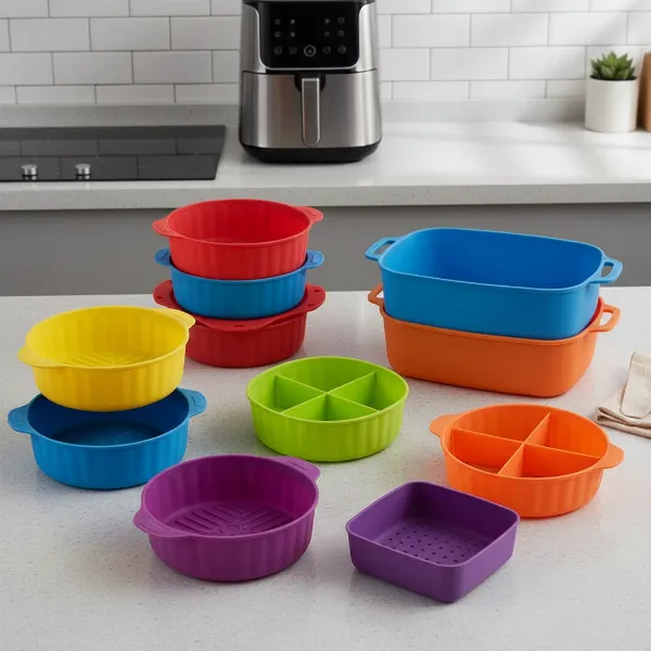 A collection of various silicone air fryer liners and pots in different shapes, sizes, and colors, showcasing their versatility and design for modern kitchens.