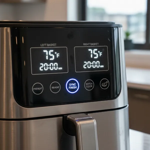 Digital control panel of a dual basket air fryer highlighting the 'Sync Finish' function for coordinated meal timing