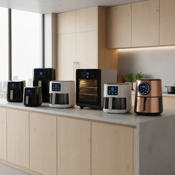 Various types of air fryers in a modern kitchen setting, illustrating different capacities and designs.