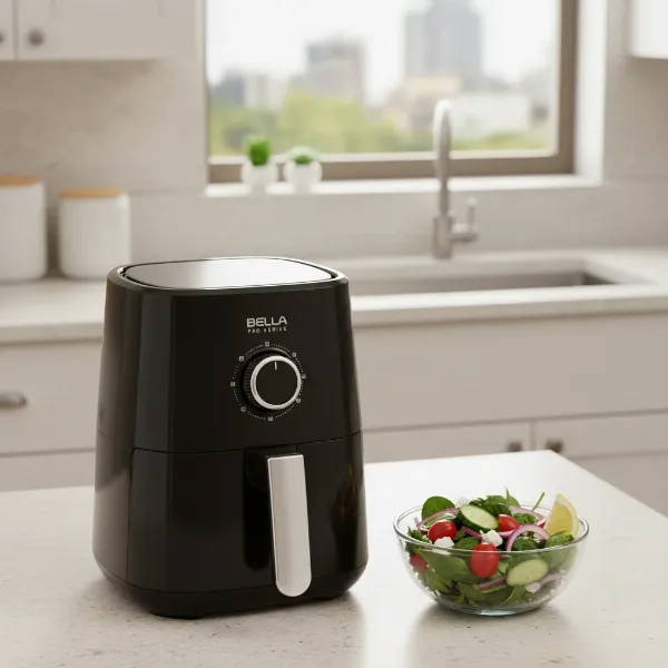 A Bella Pro Series 2-qt Analog Air Fryer on a compact kitchen counter, next to a small cutting board with fresh vegetables, emphasizing its space-saving design and use in a modern kitchen.