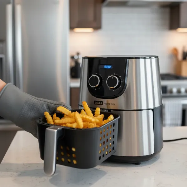 A hand shaking the basket of a Bella Pro Series 2-qt Analog Air Fryer during cooking, illustrating a key tip for even cooking, with crispy food visible inside.