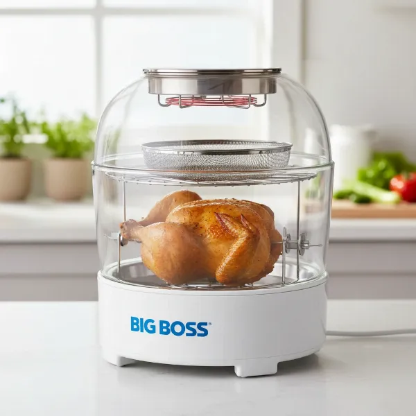Big Boss Oil-Less Air Fryer with a clear glass bowl, showing its various accessories like racks and basket inside, on a kitchen countertop. 