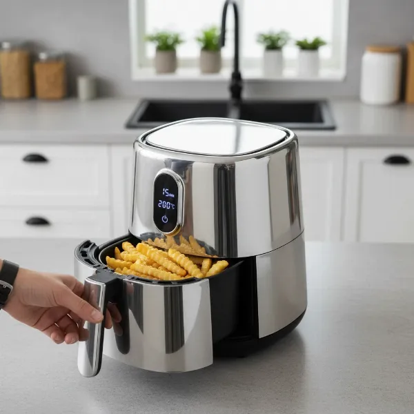 A compact 2-quart air fryer on a small kitchen counter, cooking a single serving of crispy fries, with a modern, clean aesthetic.