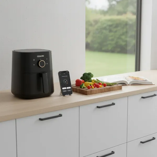 A sleek Cosori air fryer displayed in a modern kitchen, with a smartphone showing its connected app interface and healthy ingredients around it.