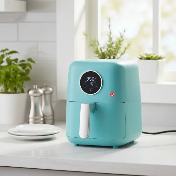 A stylish, compact Dash Tasti-Crisp air fryer in a bright color on a modern kitchen counter, showcasing its small footprint and sleek design.