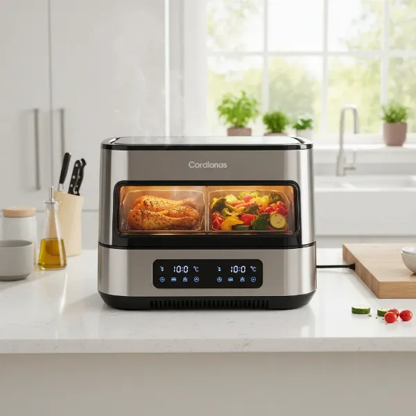 Dual basket air fryer simultaneously cooking chicken and vegetables for a full meal