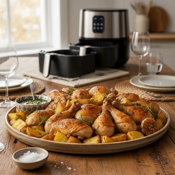 A beautifully presented full family meal, including a main dish and side, cooked using a dual basket air fryer on a dining table