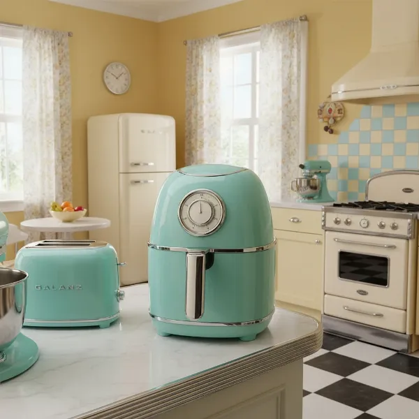 Galanz Retro Air Fryer in a stylish vintage kitchen setting with chrome accents