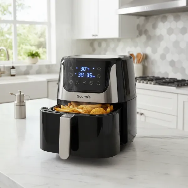 Gourmia 7-Qt Digital Air Fryer in a modern kitchen setting, cooking crispy food