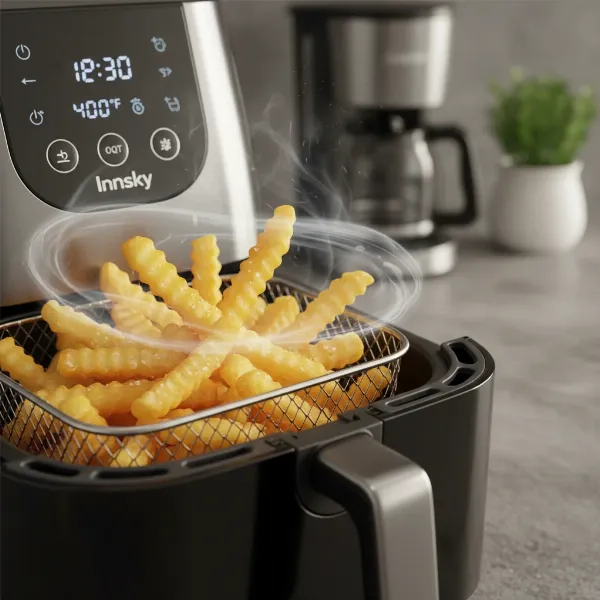 A close-up shot of crispy golden french fries being cooked inside an Innsky 5.8QT Air Fryer basket, with hot air visibly circulating around them. The background is a modern kitchen countertop, slightly blurred. Focus on the crispy texture and healthy cooking.
