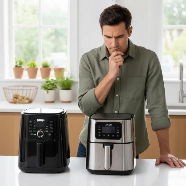 A person thoughtfully looking at two air fryers, one Ninja, one Cosori, in a modern kitchen setting, contemplating their choice.